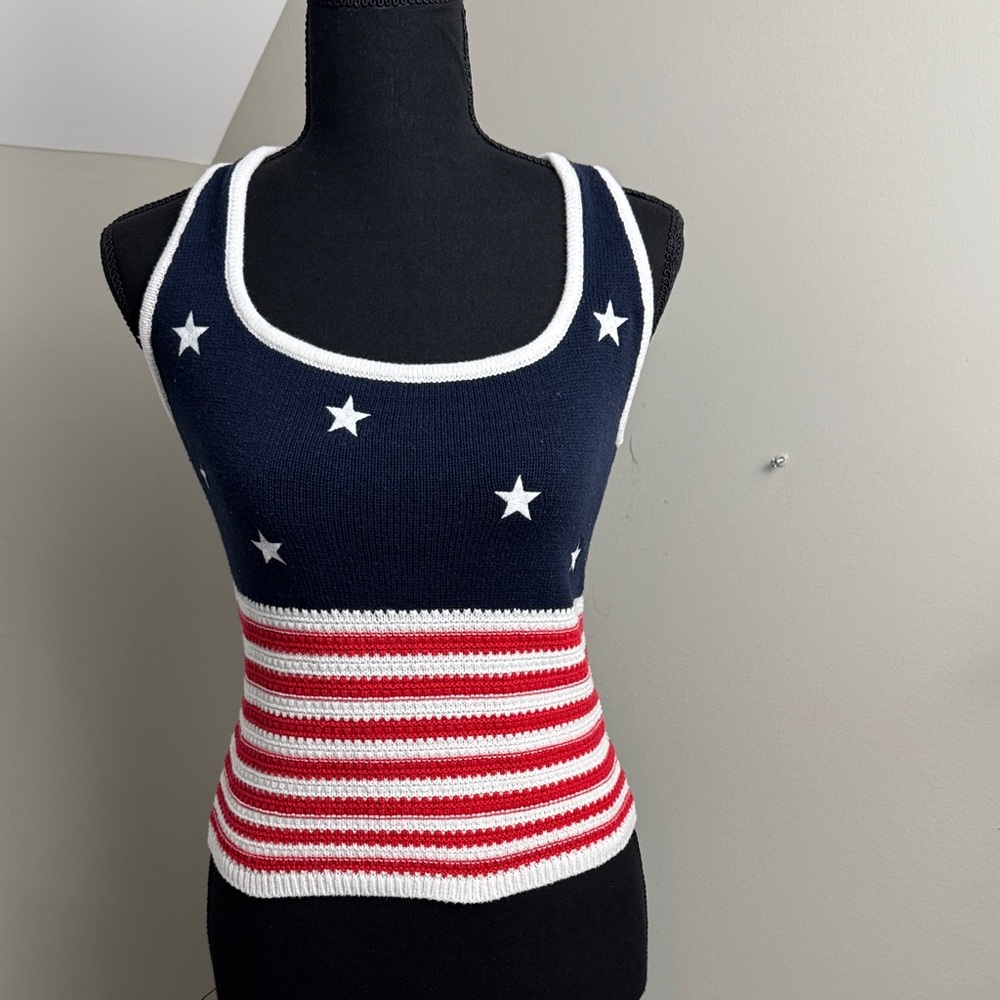 Hollister Red White and Blue Crochet Knit Tank Top with Stars and Stripes